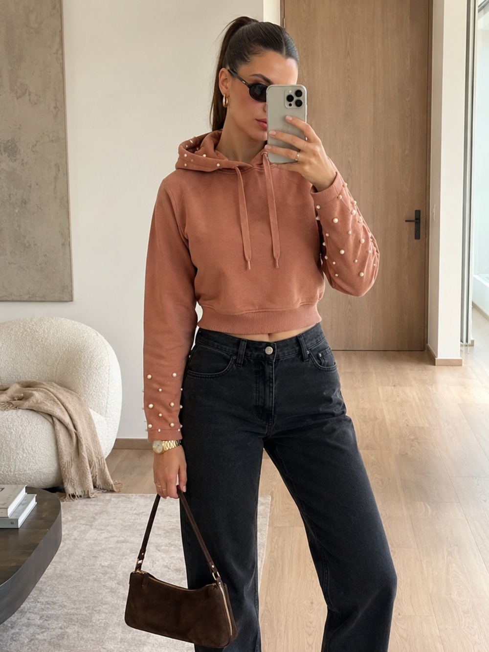 Zara Knit Pearl Embellished Cropped Hoodie Pink Blush Pullover Sweatshirt XS
